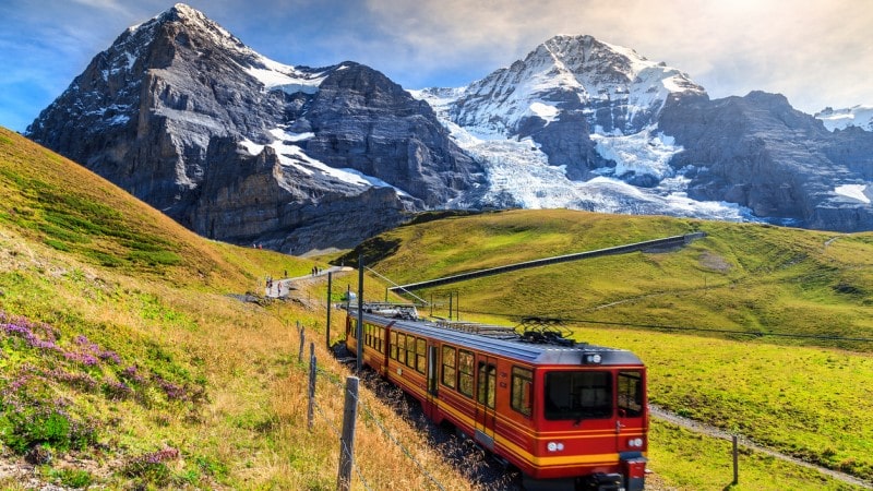 Famous electric train coming down from the Jungfraujoch station in Switzerland