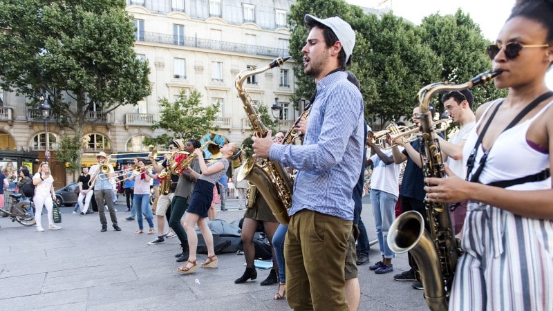 The bare brass band busking at Paris, France