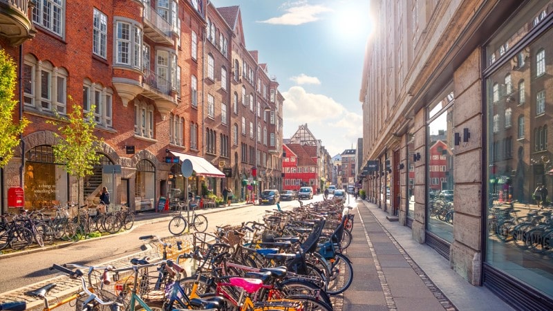 Bikes parked on the narrow Minter Street Montergade in Copenhagen