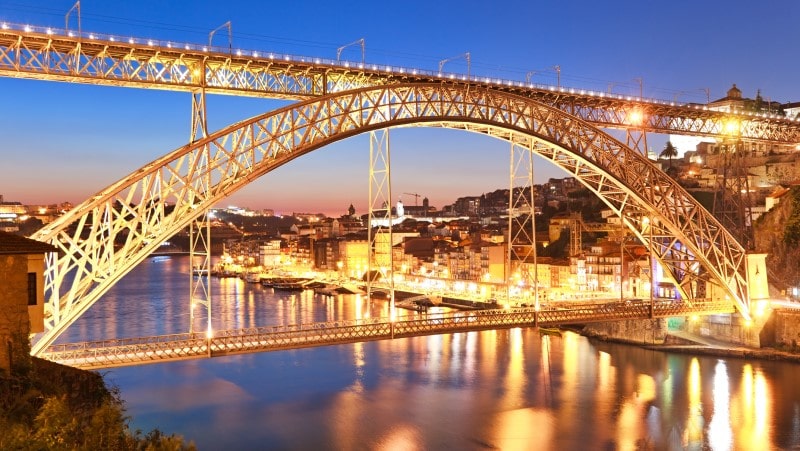 View of the Dom Luis I bridge in Porto at night