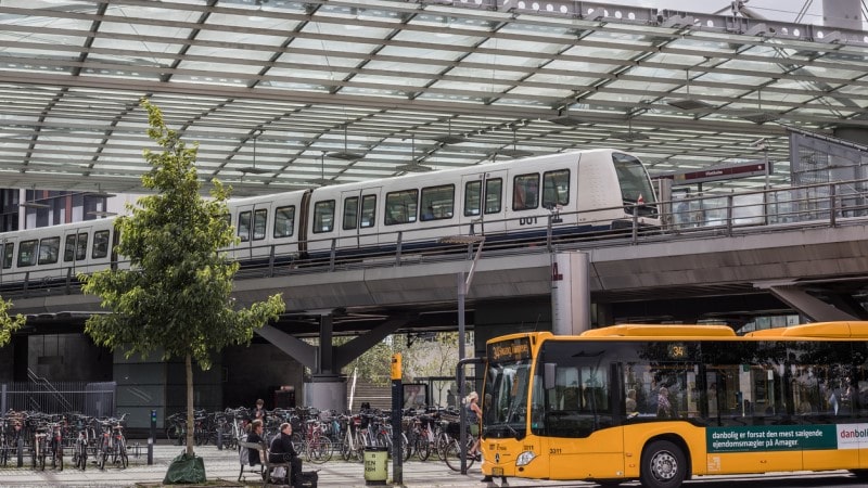 Flintholm Station in Copenhagen showing a bus and train in use