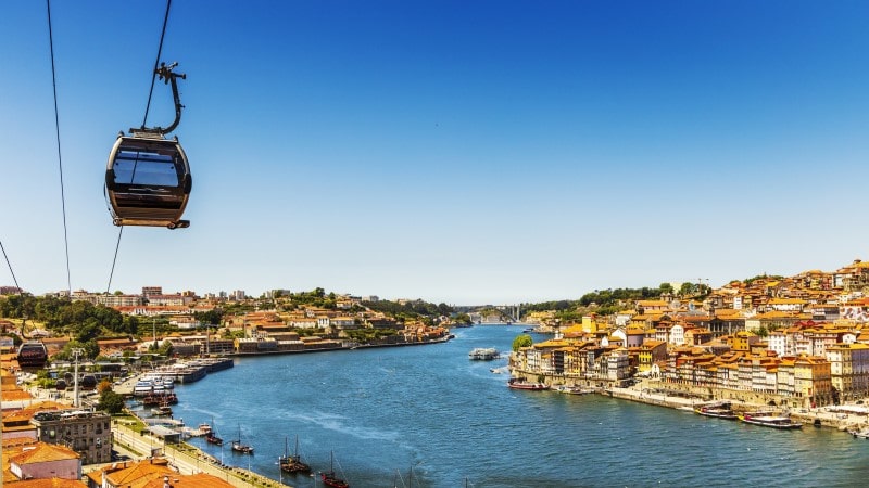 Cable car in Vila Nova de Gaia, with Porto in the background