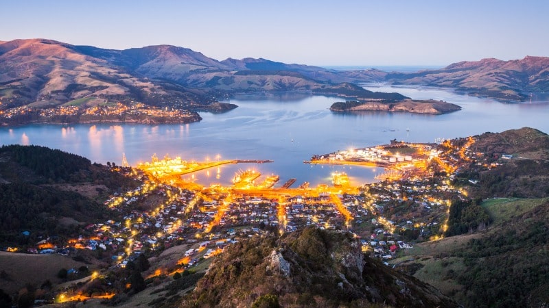 Lights of Lyttelton and Diamond Harbour at dawn, Canterbury, New Zealand