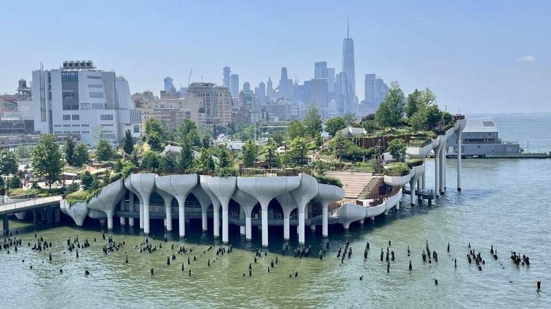 View of Little Island, a floating outdoor park on the Hudson River