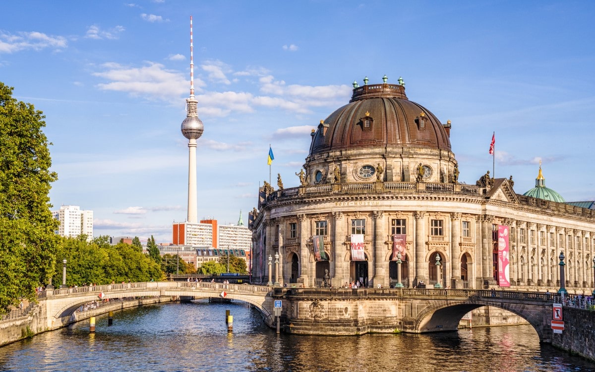 A view across the water of the River Spree to the Bode Museum, on Museum Island in central Berlin