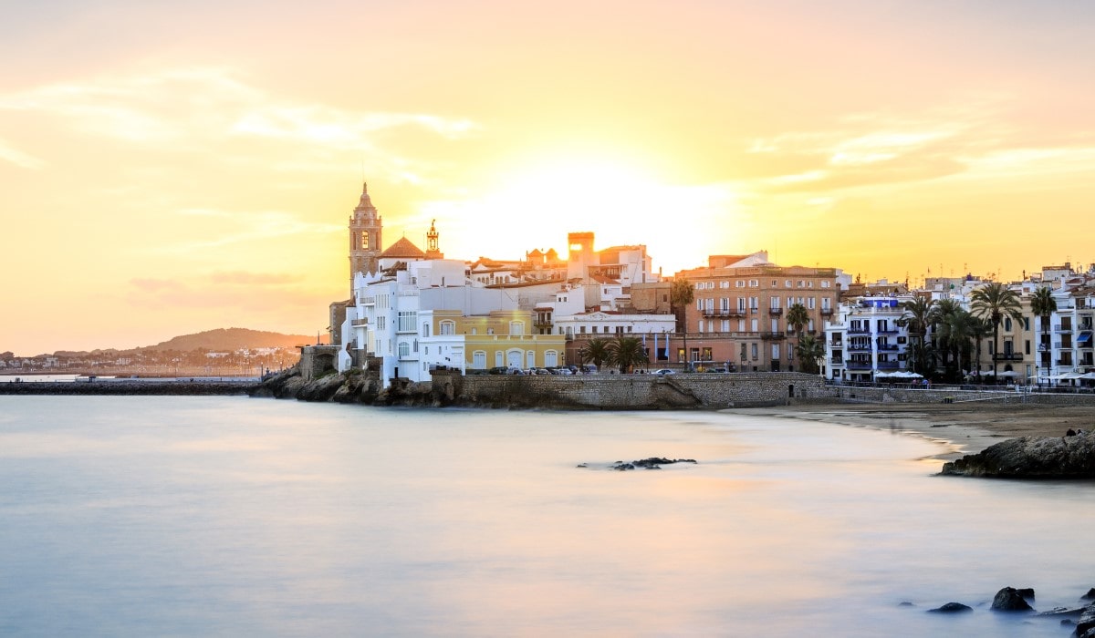 View of the town Sitges at sunset, Catalonia, Spain